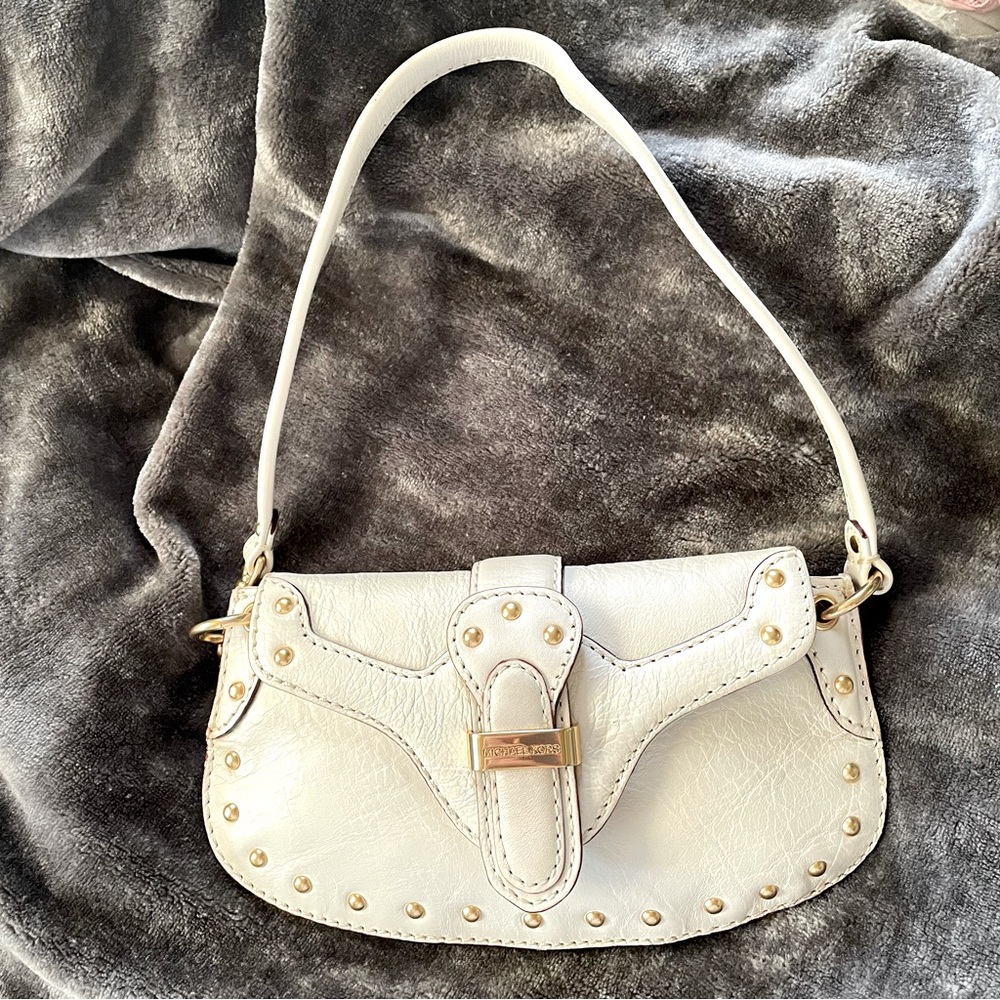 Michael Kors Vanilla Leather Berkley Wristlet Studded Handbag Cellphone Bag